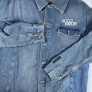 Rocawear Men's Large Blue Denim Jacket Embroidered Logo Patchwork VTG Hip‎ Hop